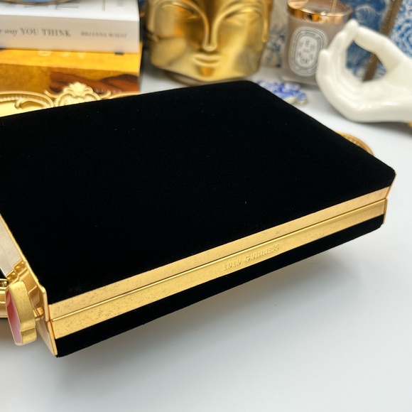 🆕 LULU GUINNESS 🧿 BNWOT Black Velvet Karlie Clutch Bag Lip Closure - Picture 6 of 13